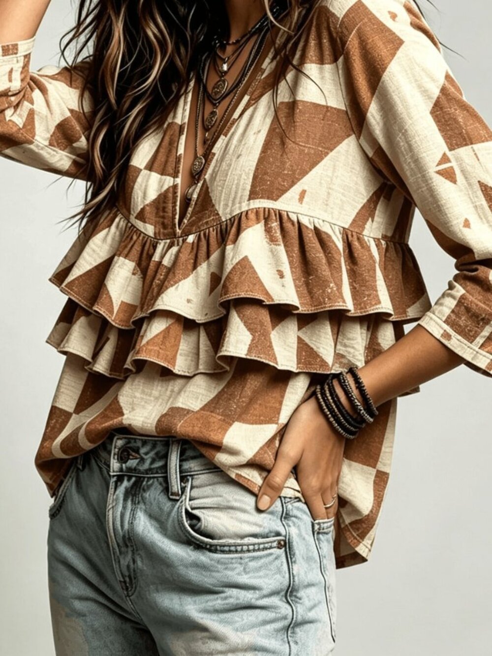 Multicolor Casual Sexy Women's Deep V Neck Ruffle Tiered Top - Picture 6 of 7